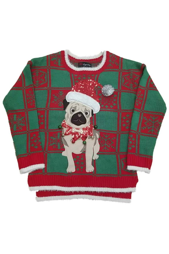 Womens Red & Green Pug Dog Puppy Bells Sequins Long Sleeve Knit Sweater S