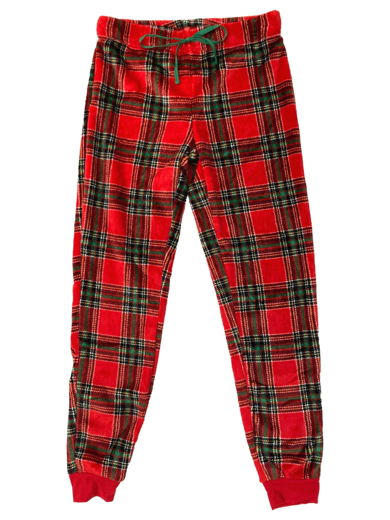 Womens Red & Green Xmas Plaid Fleece Joggers Sleep Pants Pajama