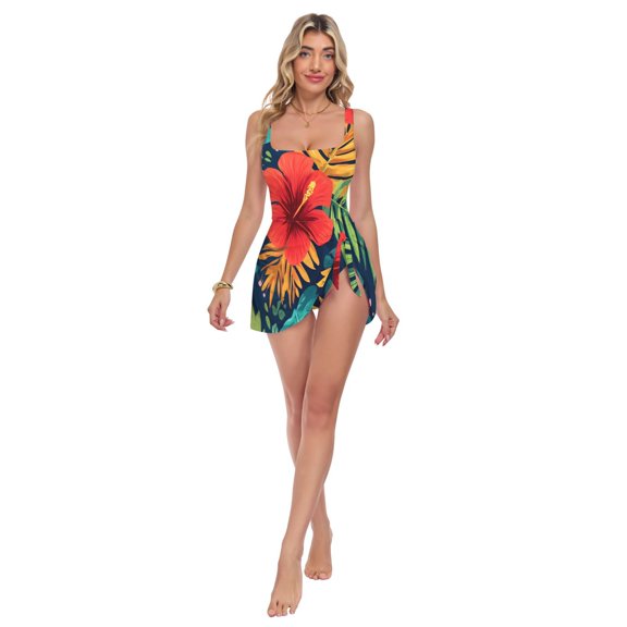 Womens Red Hibiscus Flower Pattern Print 2-in-1 Swim Dress Detachable Skirt One-Piece Swimsuit Square Neck S-XXL
