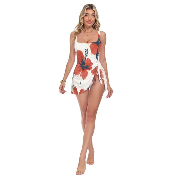 Womens Red Hibiscus Flower Pattern Print 2-in-1 Swim Dress Detachable Skirt One-Piece Swimsuit Square Neck S-XXL