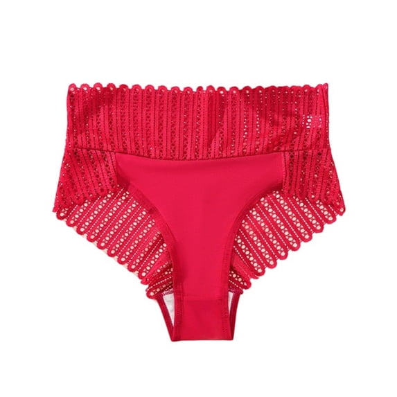Womens Red Lace High Waisted Panties, Cotton Tummy Control Briefs, Seamless Hipster Underwear with Scalloped Trim, Breathable Soft Stretch,Size XL