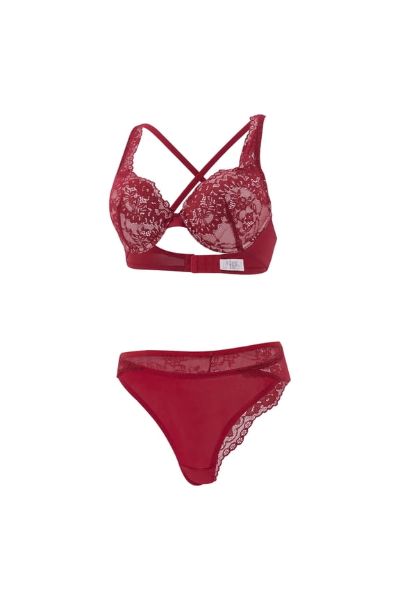 Womens Red Lace Push Up Bra & Panty Set 2-Piece, Wireless Comfort Bras, Plus Size S-5X, Floral Lace Underwear for Everyday & Date Nights,Size 2XL