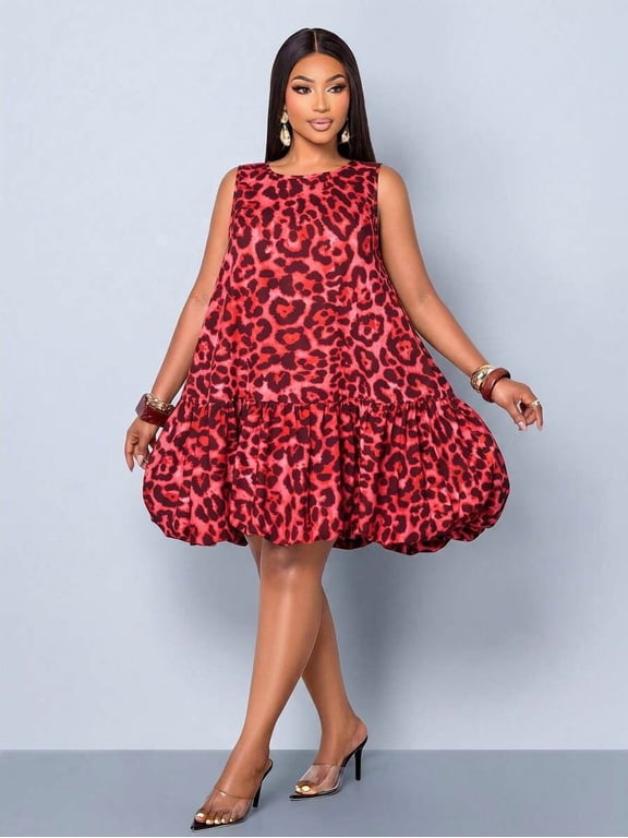 Womens Red Leopard Print Sleeveless Mini Dress With Ruffle Hem