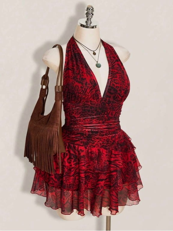 Womens Red Leopard Zebra Print Halter Neck Ruffle Hem Mini Dress