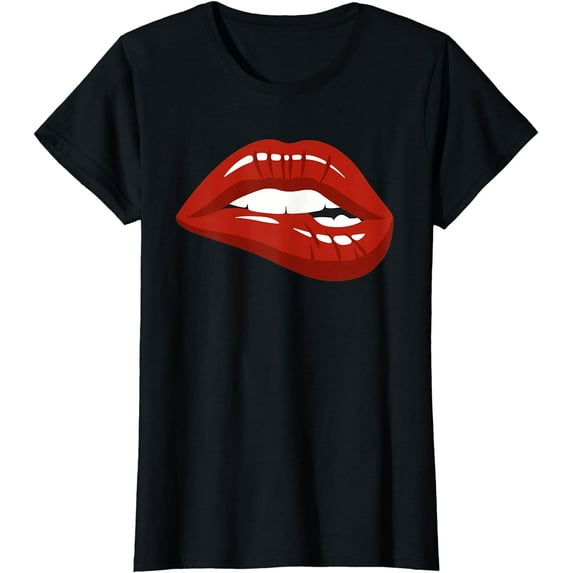 Womens Red Lips Biting Lipstick Makeup T-Shirt