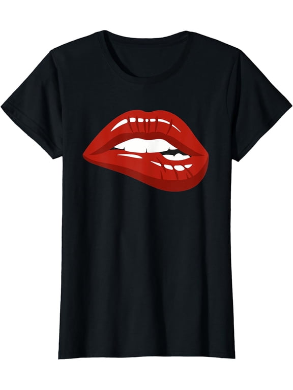 Womens Red Lips Biting Lipstick Makeup T-Shirt
