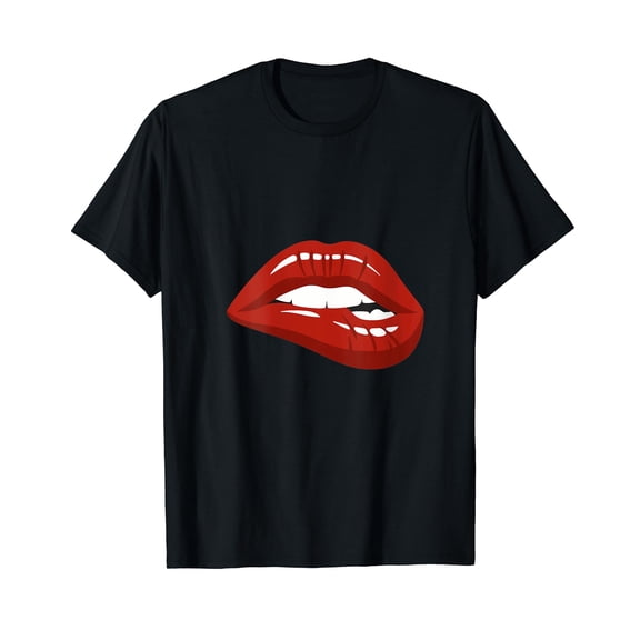 Womens Red Lips Biting Lipstick Makeup T-Shirt