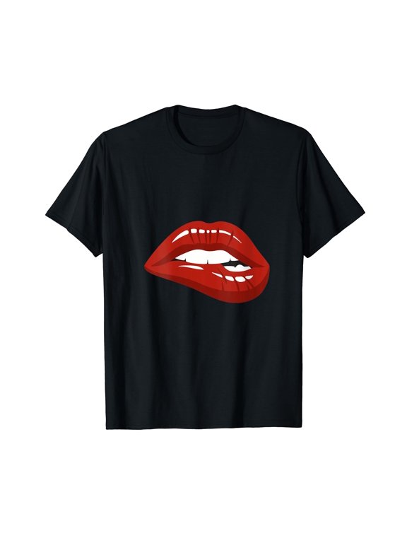 Womens Red Lips Biting Lipstick Makeup T-Shirt