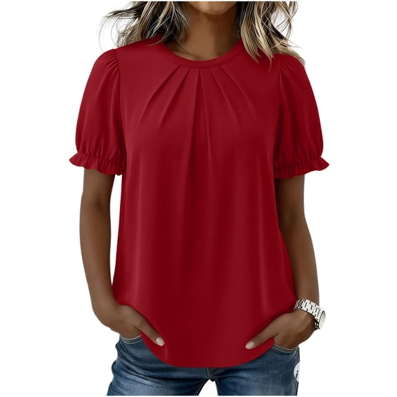 Womens Red Loose Fit Puff Sleeve Top Wrinkle Resistant Casual Short Sleeve Crew Neck Blouse,Size 2XL