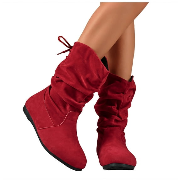 Womens Red Low Heel Mid Calf Slouchy Fall Boots Suede Slip On Wide Calf Casual Booties with Back Strap