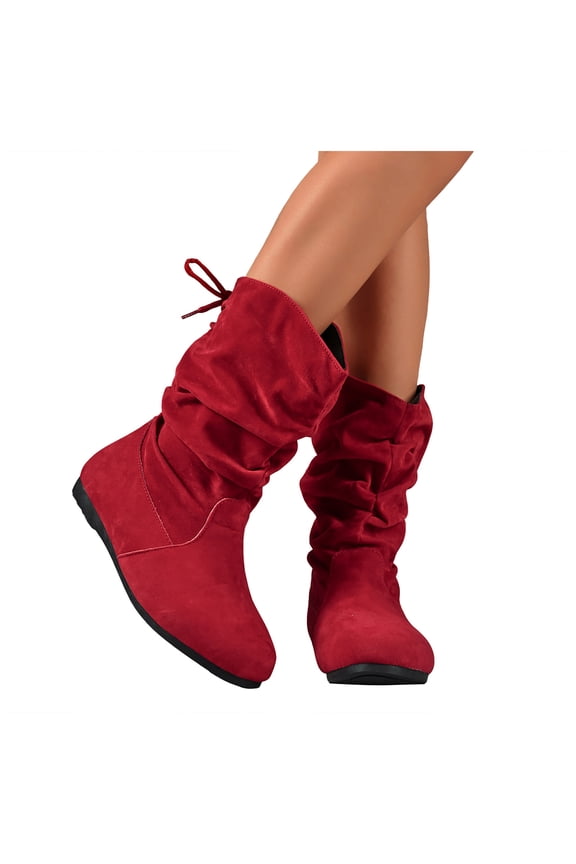 Womens Red Low Heel Mid Calf Slouchy Fall Boots Suede Slip On Wide Calf Casual Booties with Back Strap
