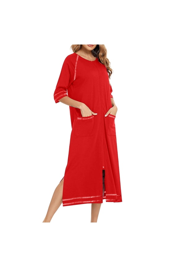 Womens Red Nightgown with Pockets and Zipper, Loose Fit Long Sleeve Nightdress, Three Quarter Sleeve Comfortable Sleep Shirt Lounge Wear Dress, Red Size M