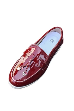 Womens Red Patent Faux Leather Loafers - Slip On Tassel Platform Comfortable Round Toe Casual Work Shoes with Padded Insole,Size 5.5