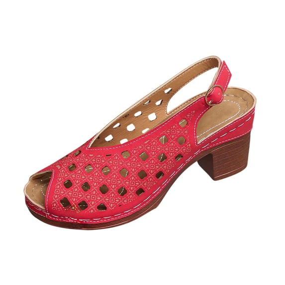 Womens Red Peep Toe Slingback Sandals with Block Heel - Breathable Perforated Summer Shoes, Padded Insole & Adjustable Buckle for All-Day Comfort & Casual Wear,Size 5.5