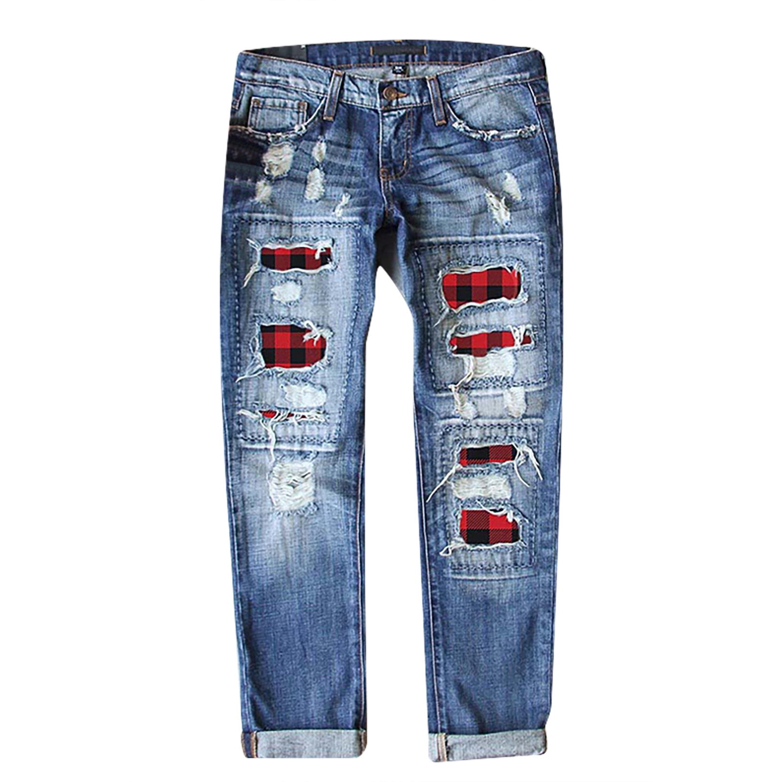 Womens Red Plaid Patch Ripped Distressed Stretch Skinny Denim Jeans ...