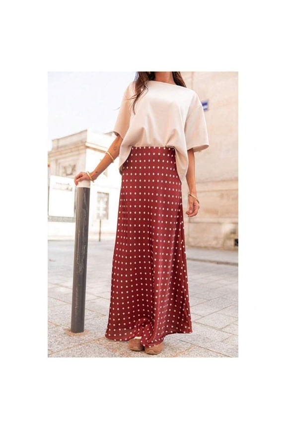 Womens Red Polka Dot Flowing Maxi Skirt With Wrap Waist