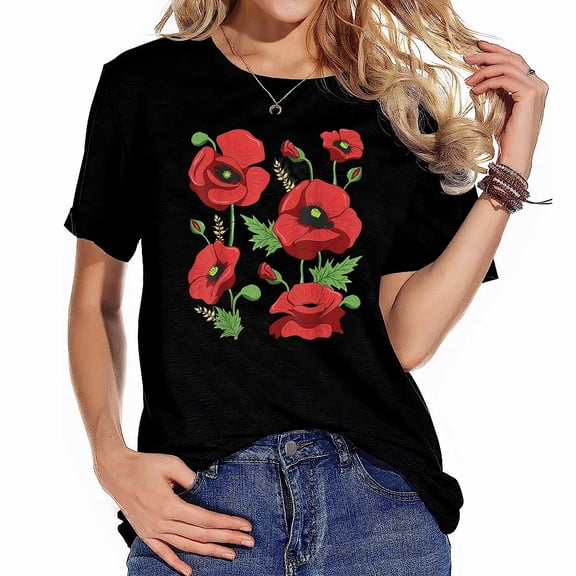 Womens Red Poppies Tee - Cute Floral Vintage Poppy Flowers T-Shirt Black