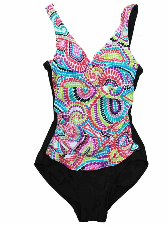 Womens Red Purple & Green Mosaic Paisley Print Bathing 1 Piece Swimming Suit 8