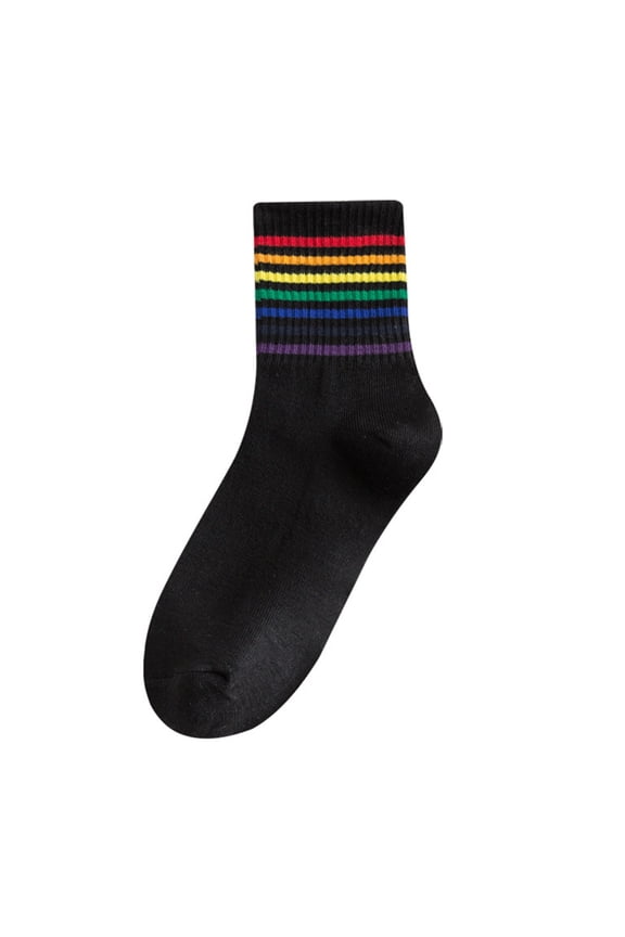 Womens Red Rainbow Striped Cotton Crew Socks, One Size Fits Most, Colorful & Soft, Reinforced Heel Toe for Everyday Comfort,Size Free Size