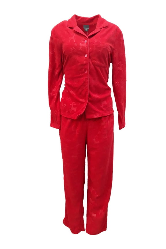 Womens Red Reindeer Snowflake Embossed Fleece Pajamas Notched Sleep Set