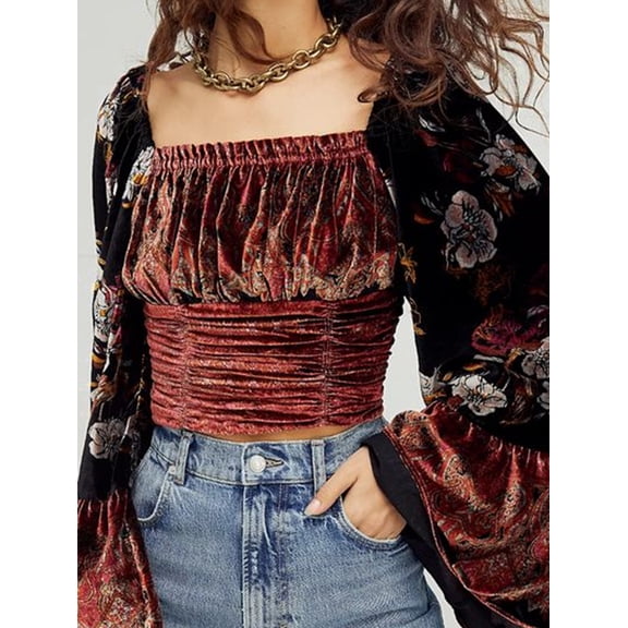 Womens Red Ribbed Peplum Blouse Slim Fit Square Neck Puff Long Sleeve Smocked Velvet Frill Casual Tunic Tops Stretchy Comfy All-Season Tops
