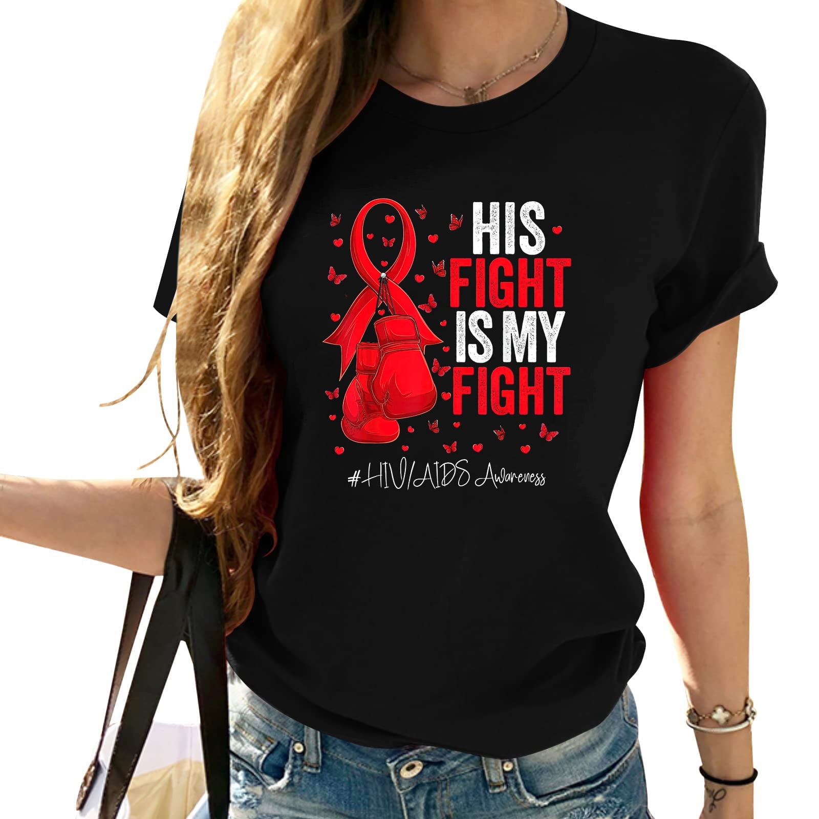 Womens Red Ribbon Survivor Fighter HIV AIDS Awareness T-Shirt Black ...