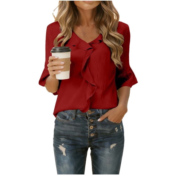 Womens Red Ruffle V-Neck Blouse | Flared 3/4 Sleeve Top | Lightweight Flowy Polyester for Casual Office & Everyday Chic | Relaxed Fit,Size S