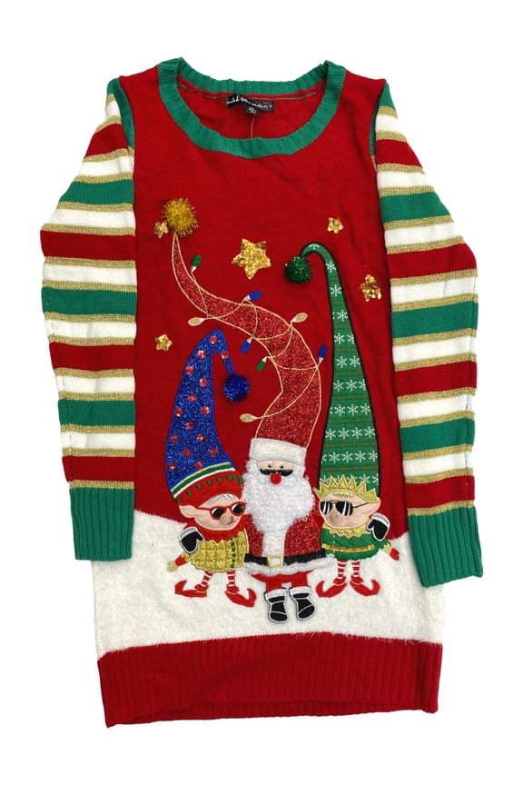 Womens Red Sequin Elf Long Tunic Style Christmas Holiday Sweater Large