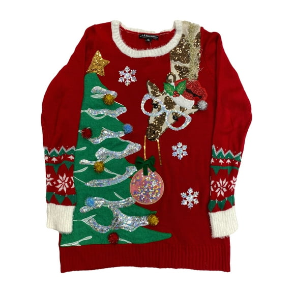 Womens Red Sequin Embellished Pom Giraffe Christmas Holiday Sweater X-Small