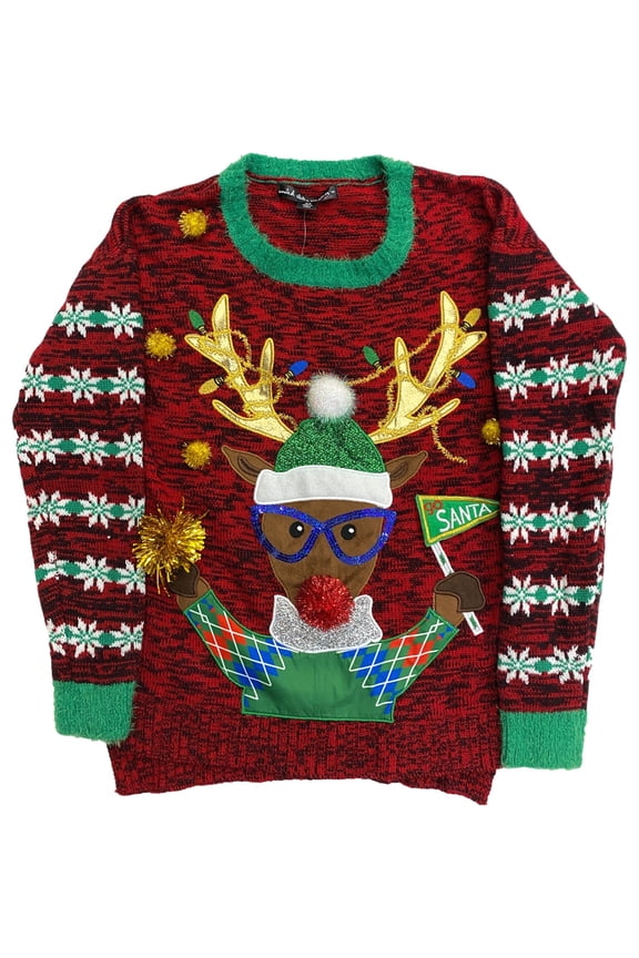 Womens Red Sequin Embellished Reindeer Go Santa Christmas Holiday Sweater Medium