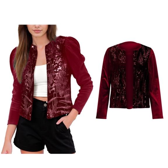 Womens Red Sequin Jacket Long Sleeve Sparkle Cardigan Plus Size Sparkly Tops