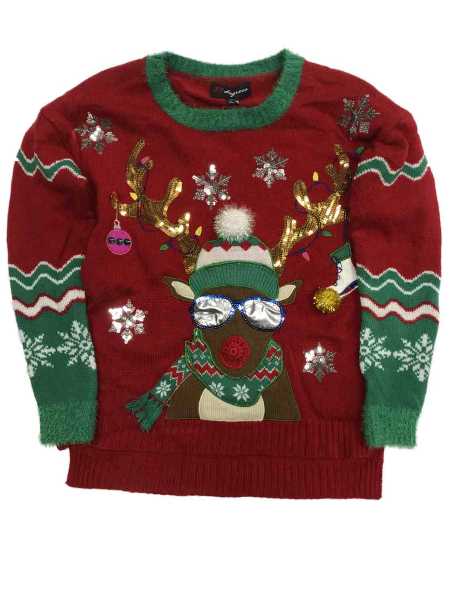 Womens Red Sequin Snowflake Reindeer Pom Holiday Christmas Sweater