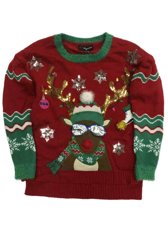 Womens Red Sequin Snowflake Reindeer Pom Holiday Christmas Sweater S