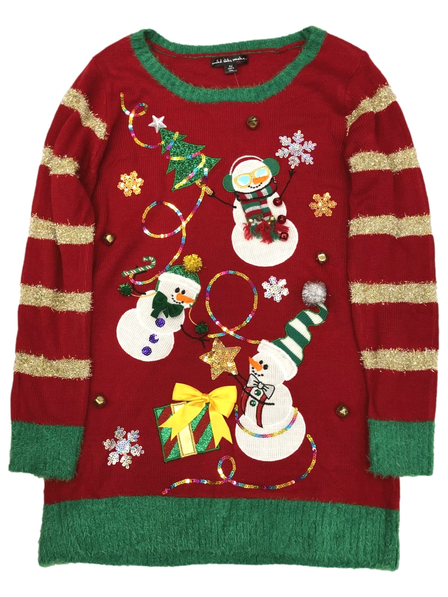 Womens Red Sequin Snowman Long Tunic Style Christmas Holiday Sweater X Large