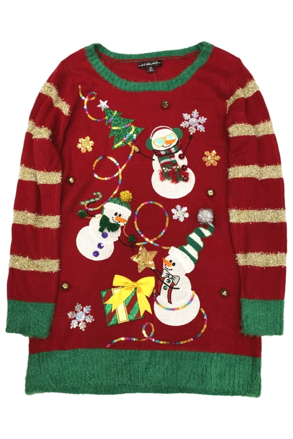 Womens Red Sequin Snowman Long Tunic Style Christmas Holiday Sweater X-Large