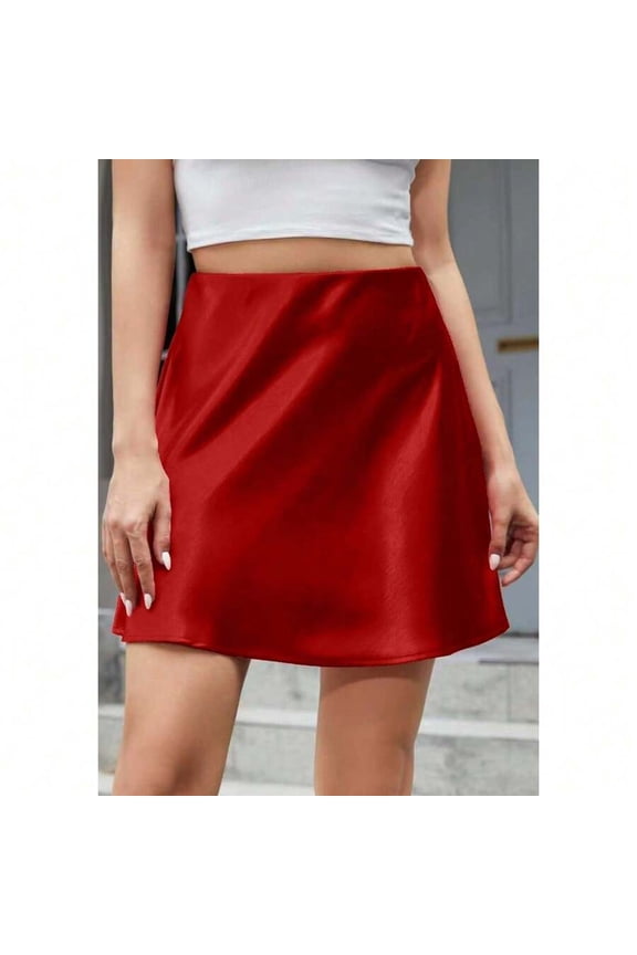 Womens Red Silky Satin Mini Skirt High Waist Bias Cut A-Line Skirt