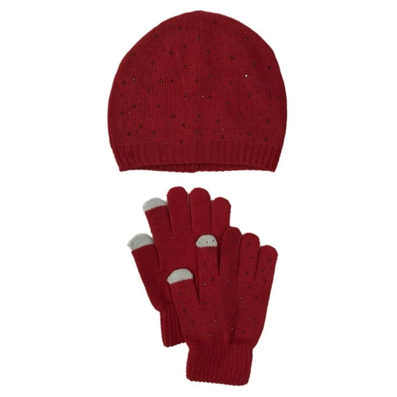 Womens Red & Silver Sparkle Rhinestone Beanie Hat & Touchscreen Gloves Set