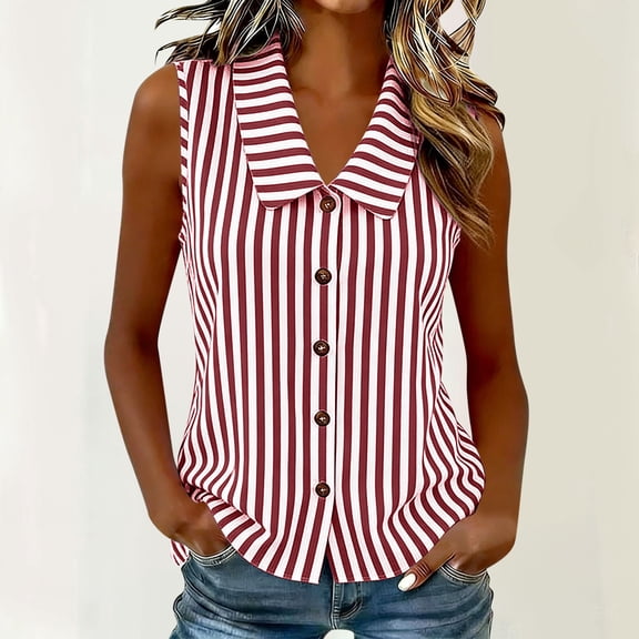 Womens Red Sleeveless Blouse with Vertical Stripes - Peter Pan Collar Soft Stretchy Top S-XXXL,Size S