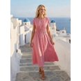 thumbnail image 1 of Womens Red Striped Ruched Waist Short Sleeve Vacation Midi Sundress, 1 of 5