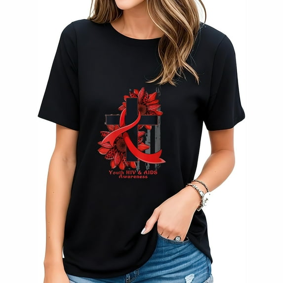 Womens Red Sunflower Christian Cross Youth HIV & AIDS Awareness Round Neck T-Shirt Black