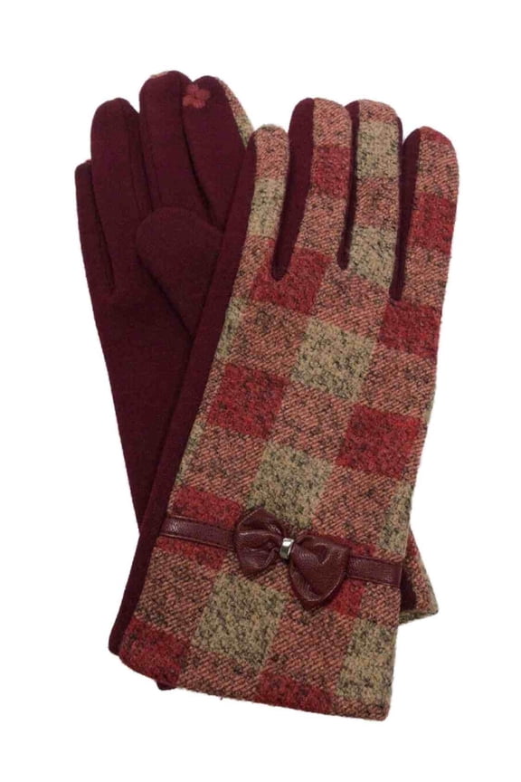 Womens Red & Tan Plaid Bow Stretch Fit Texting & Tech Touchscreen Gloves