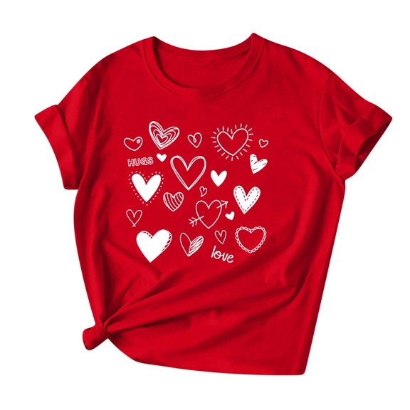 Womens Red Tops Tees Love Heart Valentines Day Tshirt Short Sleeve Summer Casual Cute Graphic Tees, 2XL