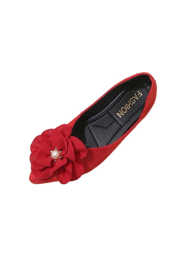 Womens Red Velvet Ballet Flats - Pointed Toe Pearl Embellished Flats, Comfortable Dressy & Casual Slip On Shoes for Work & Evening,Size 9.5
