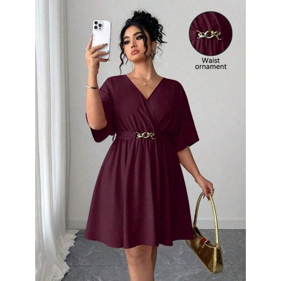 Womens Red Violet V-Neck Cinched Waist Short Evening Dress With Ornamental