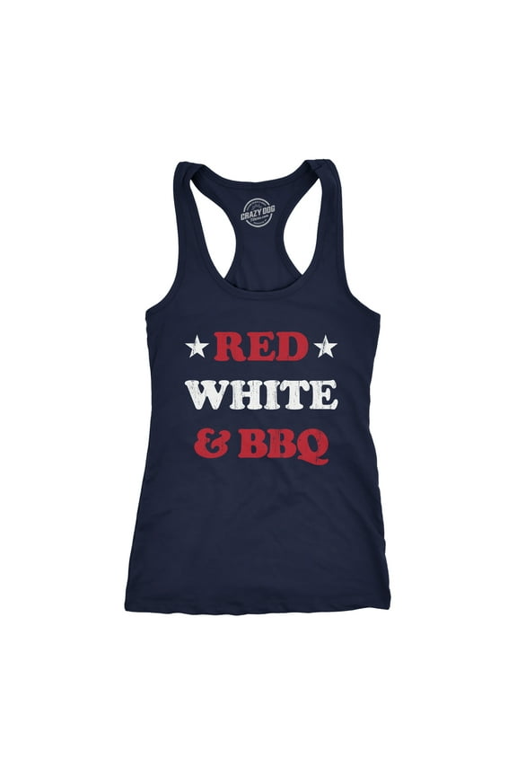 Womens Red White and BBQ Fitness Tank Funny Patriotic Barbecue Text Shirt for Ladies