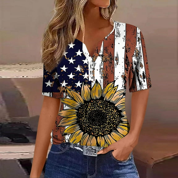 Womens Red White and Blue Blouse American Flag Shirts Womens Fourth of July Shirt Women Memorial Day Shirts Women Fashion Printing Casual Short Sleeves Blouse V-Neck T-Shirt