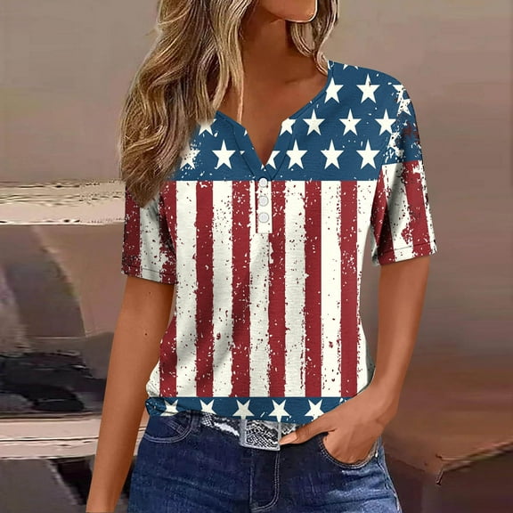 Womens Red White and Blue Blouse American Flag Shirts Womens Fourth of July Shirt Women Memorial Day Shirts Women Fashion Printing Casual Short Sleeves Blouse V-Neck T-Shirt