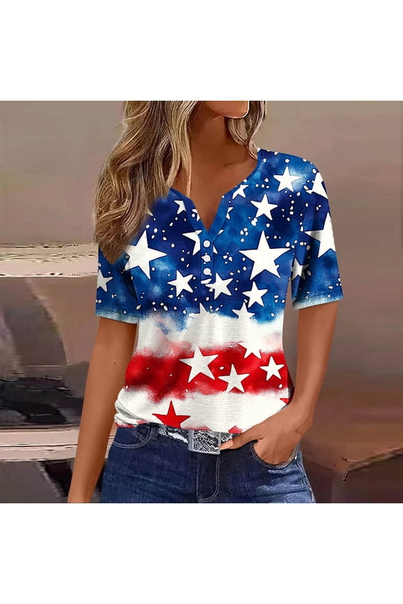 Womens Red White and Blue Blouse American Flag Shirts Womens Fourth of July Shirt Women Memorial Day Shirts Women Fashion Printing Casual Short Sleeves Blouse V-Neck T-Shirt