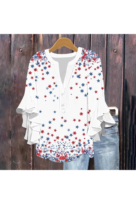 Womens Red White and Blue Blouse Womens Red White and Blue Shirts Patriotic Shirts Women Womens American Flag Tops Ladies New Lace 3/4 Sleeve V-Neck Button Independence Day Printed Tops
