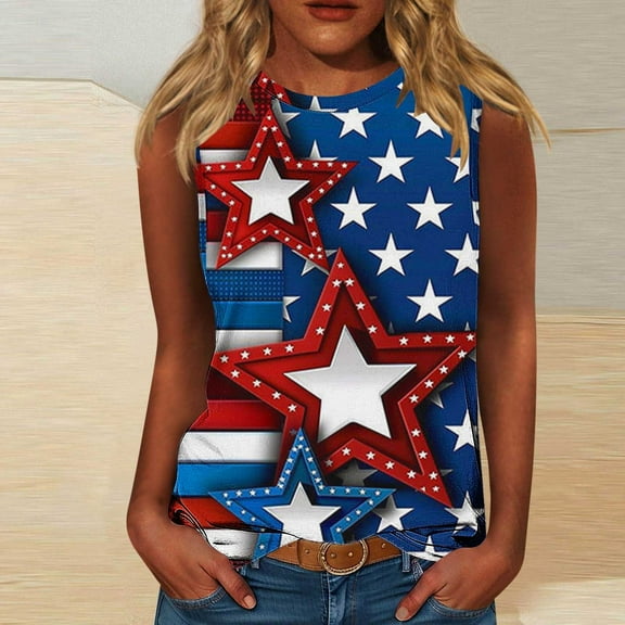 Womens Red White and Blue Tanks Womens Red White and Blue Tank Top Fourth of July Tank Womens 4th of July Blouse Women's Casual Independence Day Sleeveless Round Neck Tops